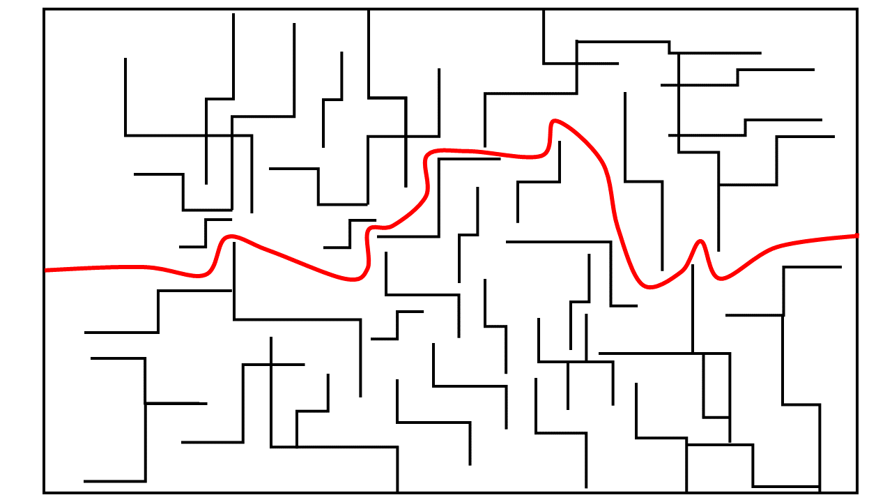 Percolation asks whether a fluid, a perturbation, or even a random walker, could go through a maze, side to side, without being stuck in the middle of it; Image generated by the author.