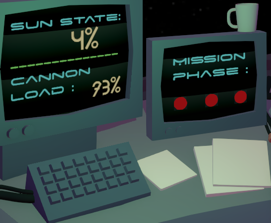 On the left of the spaceship's dashboard, you have a screen indicating the canon load along with the sun state, both in percentage.
